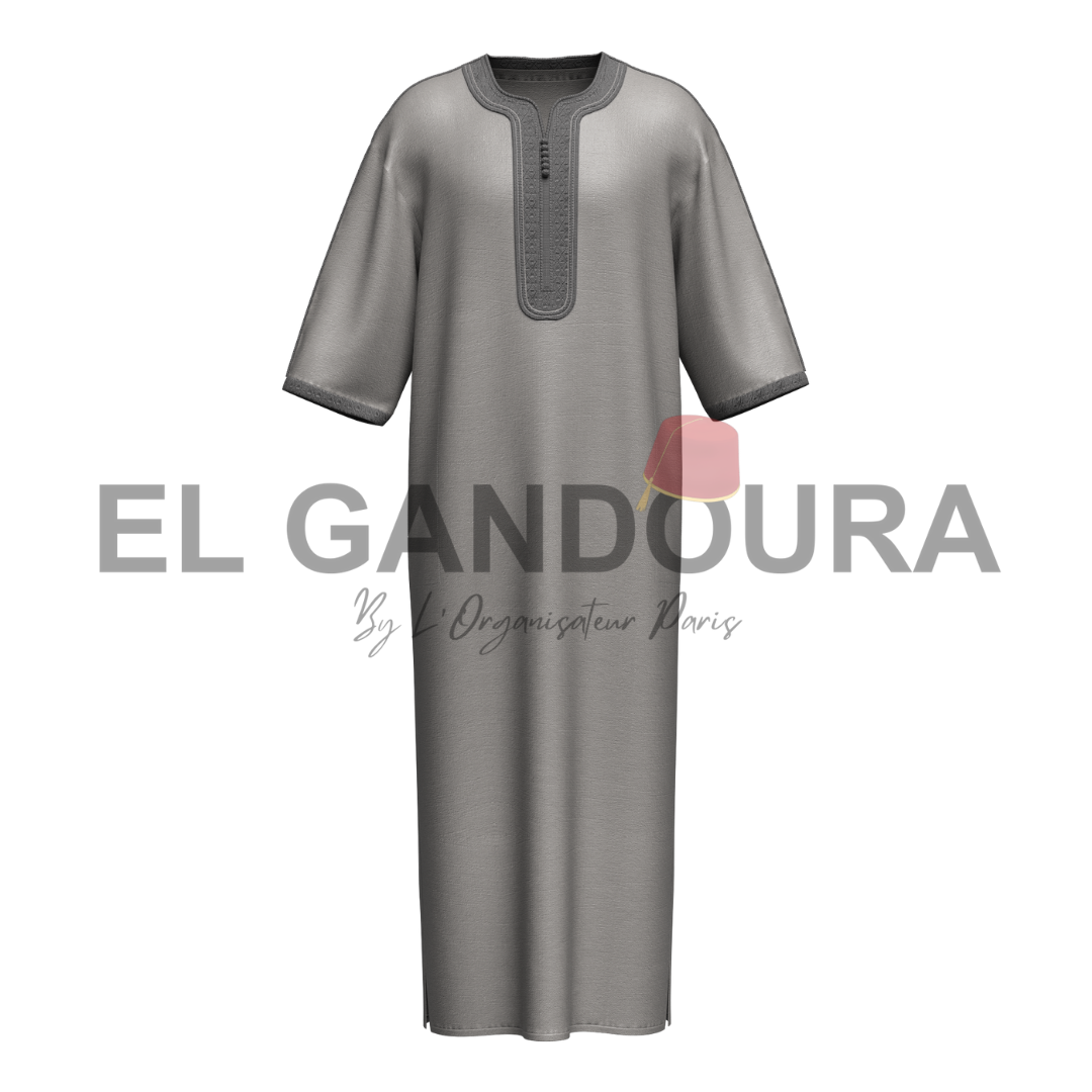 Gandoura/Qamis Homme Gris Argent - Artisanat Traditionnel en Coton de Qualité Supérieure