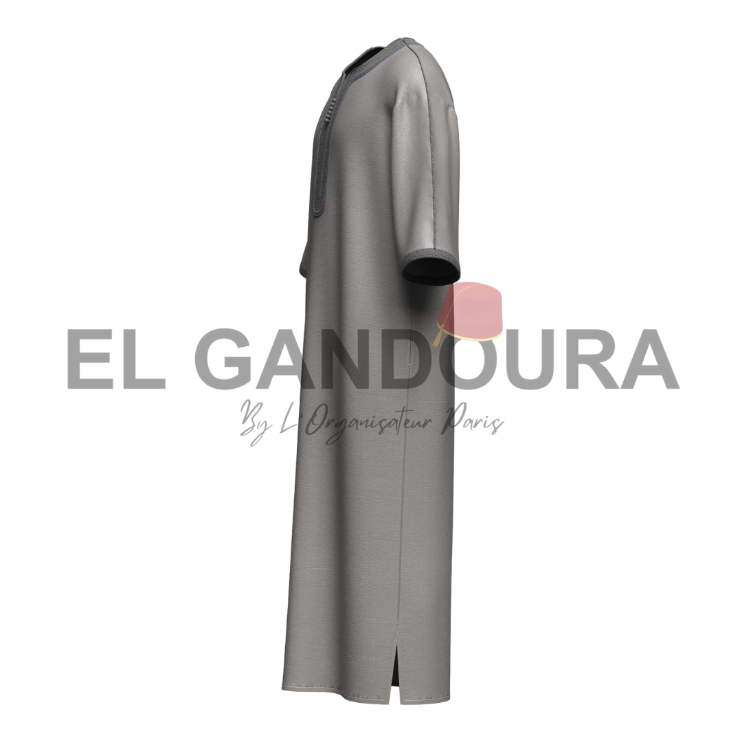 Gandoura/Qamis Homme Gris Argent - Artisanat Traditionnel en Coton de Qualité Supérieure