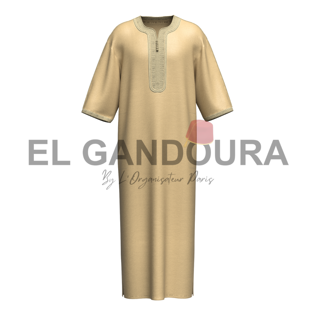 Gandoura/Qamis Homme Beige Crème - Artisanat Traditionnel en Coton de Qualité Supérieure