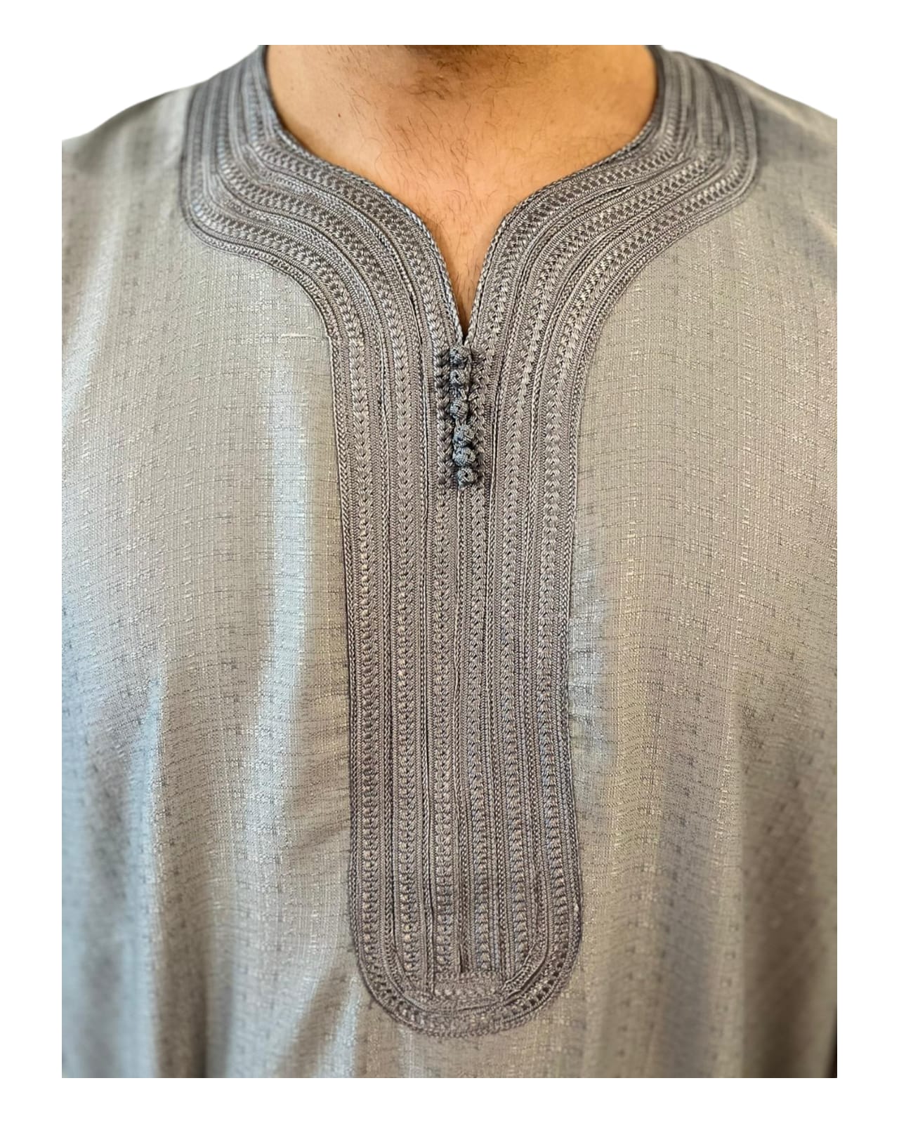 Gandoura/Qamis Homme Gris Argent - Artisanat Traditionnel en Coton de Qualité Supérieure