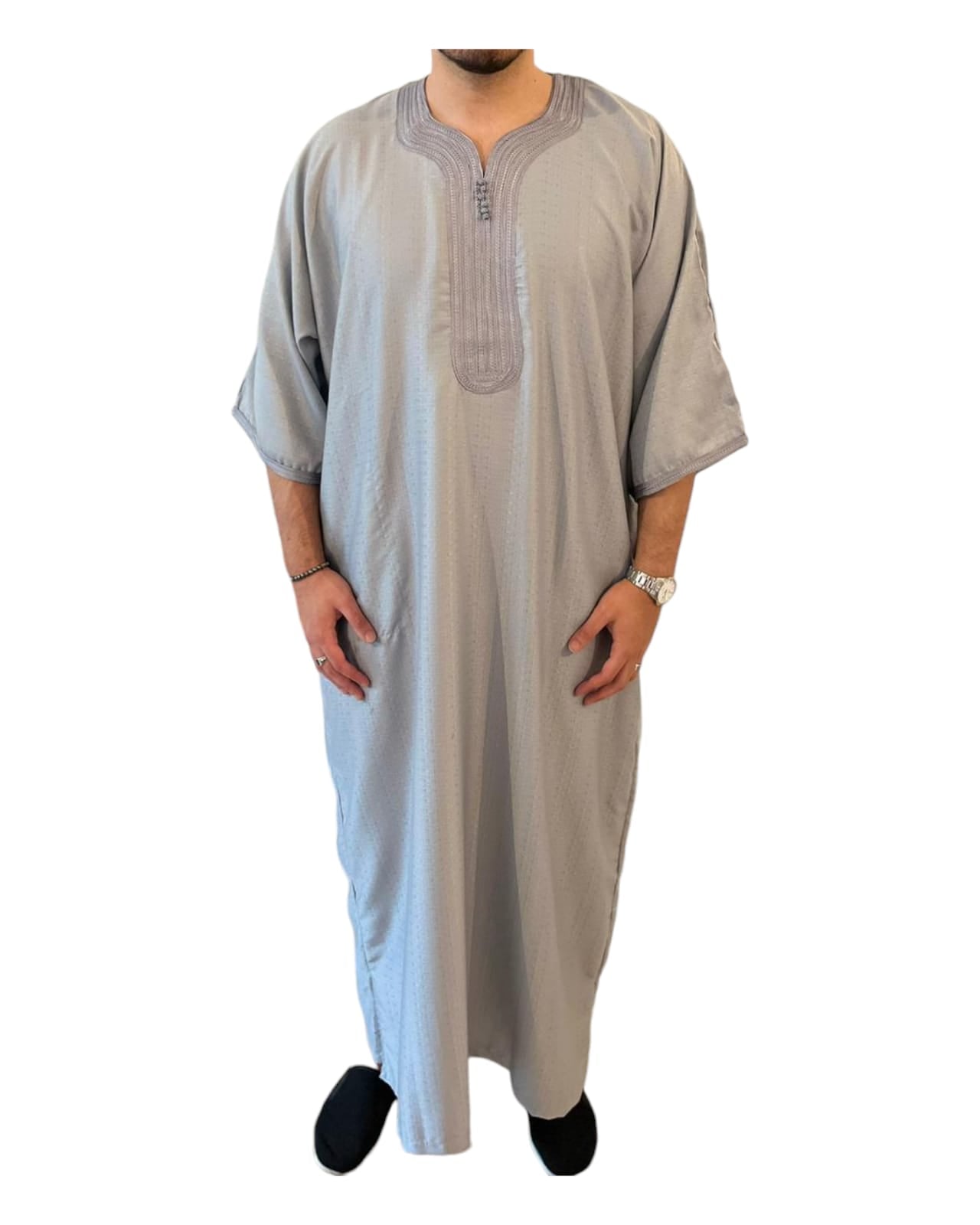 Gandoura/Qamis Homme Gris Argent - Artisanat Traditionnel en Coton de Qualité Supérieure